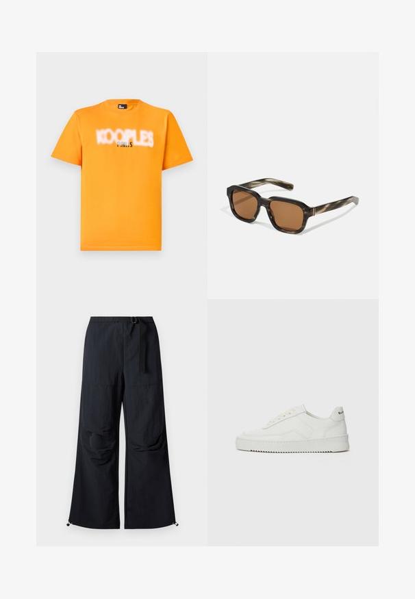 Lühikeste varrukatega oranž puuvillane t-särk, millel on tuhm must ja hõbedane trükk tekstidega "KOOPLE" ja "PARIS", ümar kaelus, tavaline lõige.; Mustad laiad mustad püksid kergest kangast, millel on vöö taljes, ees taskud ja reguleeritavad裹näidised nööpidega.; Valge nahast tennis, millel on sile põhi, ümar varvas, lamedad nöörid ja tekstuuriline tall. Sisaldab diskreetset logo kontsaribal.; Plastist prillid kilpkonnasarnase mustriga, oktagonaalsed pruunid läätsed ja õhukesed kuldsed metallsangad raamile.