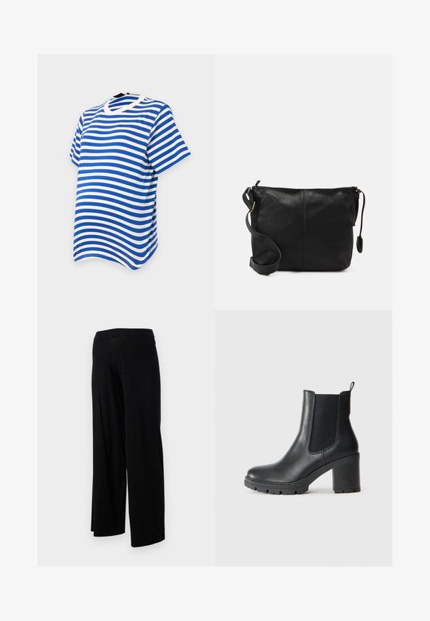 Blue and white striped short-sleeve t-shirt with a round neckline and a soft, smooth texture. Horizontal stripes are evenly spaced.; Black wide-leg pants with an elastic waistband and a smooth, stretchy texture. Features a simple design, no patterns or embellishments.; Black leather ankle boot with elastic side panels, chunky rubber sole, and a high block heel. Features a pull tab on the back.; Black leather crossbody bag with a flat shape, gold hardware accents, and an adjustable strap. Smooth texture with minimal stitching details.