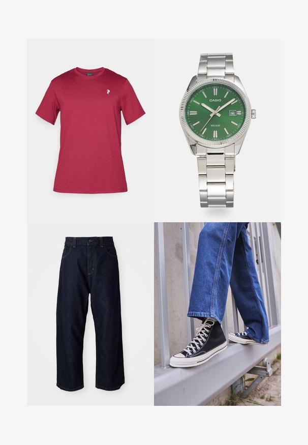 Bordeauxfarbendes Baumwoll-T-Shirt mit kurzen Ärmeln, Rundhalsausschnitt und kleinem weißen Logo auf der linken Brustseite. Weiche Textur und lässiges Design.; Dunkelblaue Jeanshose mit lockerer Passform, ausgestattet mit einem Knopfverschluss, Gürtelschlaufen und gelben Nähten an Taschen und Säumen.; Schwarze High-Top-Sneaker mit weißer Sohle und Schnürsenkeln, kombiniert mit lockeren blauen Jeans, die auf einem grauen Geländer ruhen.; Silberner Edelstahl-Armbanduhr mit rundem grünen Zifferblatt, silbernen Stundenindikatoren, Datumsanzeige und Metallgliederarmband. Wasserdicht bis 50 Meter.