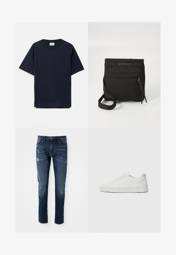 Námořnická modrá bavlněná tričko s krátkým rukávem, kulatým výstřihem a volným střihem. Na výstřihu je štítek s nápisem "CLOSED". Hladká textura.; Tmavě modré džíny s úzkým střihem, mírným poškozením na stehnech a kolenou, klasický pětikapsový design a zapínání na knoflík.; Bílé kožené tenisky s hladkým povrchem, kulatou špičkou, plochými tkaničkami a texturovanou podrážkou. Na patě se nachází nenápadné logo.; Černá crossbody taška Emporio Armani s přední zipovou kapsou, nastavitelným popruhem a logem na texturované tkanině.