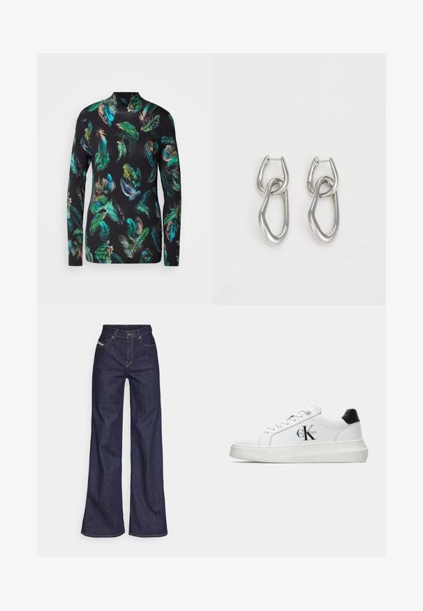 Langærmet top lavet af letvægtsstof, med en sort baggrund og farverige fjer mønstre i grøn, blå og brun.; Mørkeblå bredbenede jeans i denimstof med høj talje, prydet med orange stikninger, fem-lomme design og knaplukning.; Hvide lavtoppede sneakers med sort hælkænke, platformssål, snørebånd og Calvin Klein "CK" logo på siden.; Calvin Klein STATEMENT LINKS - Øreringe - silver-coloured