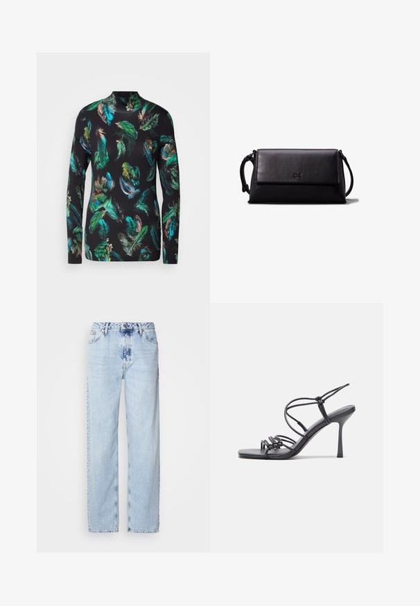 Langærmet top lavet af letvægtsstof, med en sort baggrund og farverige fjer mønstre i grøn, blå og brun.; Lyseblå brede jeans lavet af denim, med høj talje, falmet vask og subtil tie-dye mønster langs fronten.; Sorte højhælede sandaler med tynde stropper og en knyttet design, en glat firkantet tå og en slank stiletto hæl.; Sort læder clutch taske med rektangulær form, glat tekstur, flad klaplukning og et lille håndtag på siden. Har et subtilt logo.