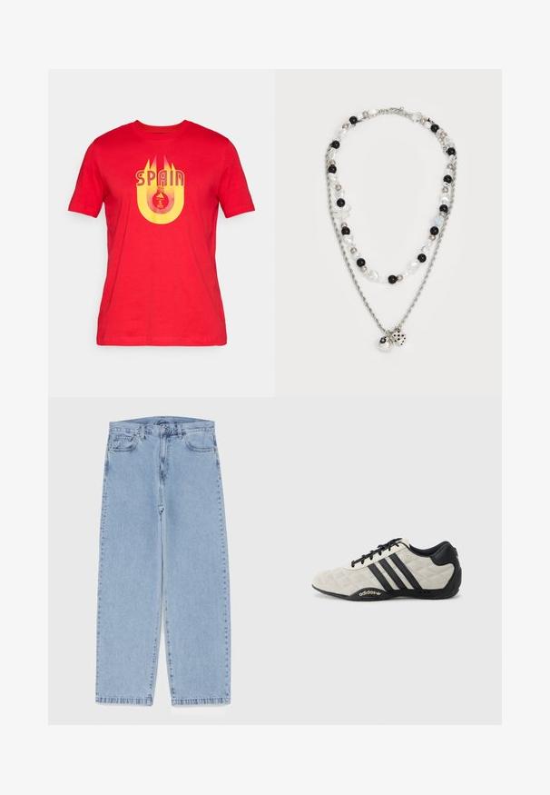 Crvena pamučna majica sličicom žutog teksta "ŠPANJOLSKA" i okruglim logotipom s UEFA Euro amblemom u sredini.; Svijetloplave traperice s ravnim nogavicama, sa srednjim strukom, pet džepova i zatvaranjem na dugme i patentni zatvarač.; Adidas sportska cipela s teksturiranom, svijetlo sivom gornjom i crnim kožnim detaljima. Sadrži crni logo s tri pruge i podstavljen đon.; Dvostruka ogrlica s srebrnom lancem, miješanim perlicama u crnoj, bijeloj i krem boji, te dekorativnim privjescima koji nalikuju kockama i loptici.