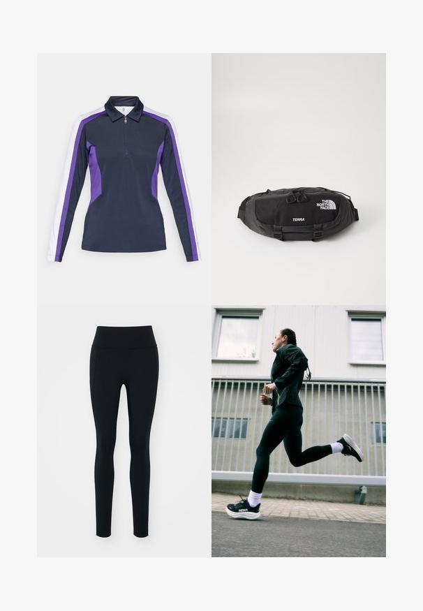 Sötétkék, hosszú ujjú pólóing lila és fehér oldalpanellel, cipzáras gallérral és sportos, testhez álló szabással. Sima szövet textúra.; Fekete leggings rugalmas anyagból, magas derékkal. Simább textúra, feszes fazon, és nincsenek látható díszítések vagy minták.; Fekete sportdzseki neon részletekkel, fekete leggings és fekete futócipők fehér talppal, világosszürke háttér előtt.; Fekete övtáska, tartós nylon anyagból készült, cipzáras zseb duplafogantyúval, kontrasztos fehér logóval és felirattal. Kompakt kialakítás, állítható pántokkal.