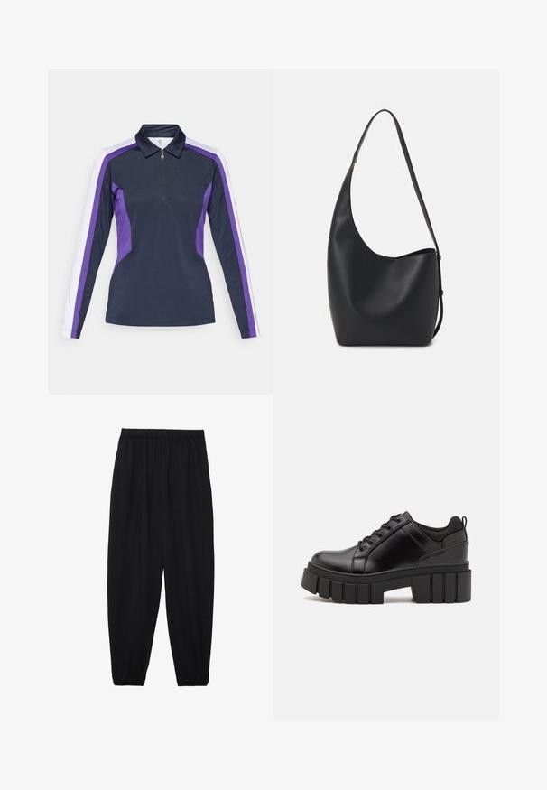 Sötétkék, hosszú ujjú pólóing lila és fehér oldalpanellel, cipzáras gallérral és sportos, testhez álló szabással. Sima szövet textúra.; Fekete, könnyű nadrág elasztikus derékkal és ráncolt bokákkal. Az anyag sima és laza, szűkített dizájnnal rendelkezik.; Fekete bőr platform cipők vaskos blokk sarkakkal, kerek orral és hagyományos fűzős kialakítással. Simára csiszolt felület és minimális részletezés jellemzi.; Fekete bőr hobo táska sima textúrával, ívelt formával és egyetlen állítható pánttal; széles nyílás található a tetején.