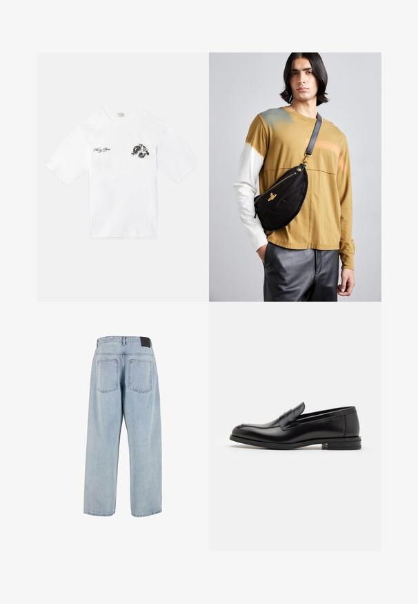 T-shirt bianca in cotone con una grafica sul lato sinistro del petto. Maniche corte, colletto rotondo e vestibilità comoda.; Jeans in denim blu chiaro a vita alta, con vestibilità ampia, due tasche posteriori e un'etichetta in pelle nera in vita. Design con gamba dritta.; Mocassini neri in pelle con una texture liscia, punta arrotondata e una striscia decorativa sulla tomaia. Tacco basso impilato, design minimalista.; Vivienne Westwood CITY BUMBAG UNISEX - Marsupio - black