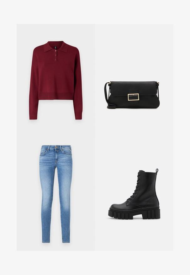 Burgundi hosszú ujjú póló pulóver, klasszikus gallérral, három gombos pattintással és bordázott részletekkel ellátott rövidített szabással. Puha kötött textúra.; Vékony fit világoskék farmernadrág, közepes derekú, elöl gombbal, öt zsebes kialakítással.; Fekete bőr bokacsizma vastag, bordázott talppal, fűzős elülső résszel és húzófüllel sima fehér háttérrel.; Fekete bőr kézitáska hajtóka részlettel és aranyszínű fém csattal. Tartalmaz egy fekete pántot és egy letisztult, minimális dizájnt.; Arany fülbevalók sima, fényes felülettel. Kör alakú dizájn, amely kis kapoccsal és átlátszó tartozékkal rendelkezik a biztonságos viselés érdekében.