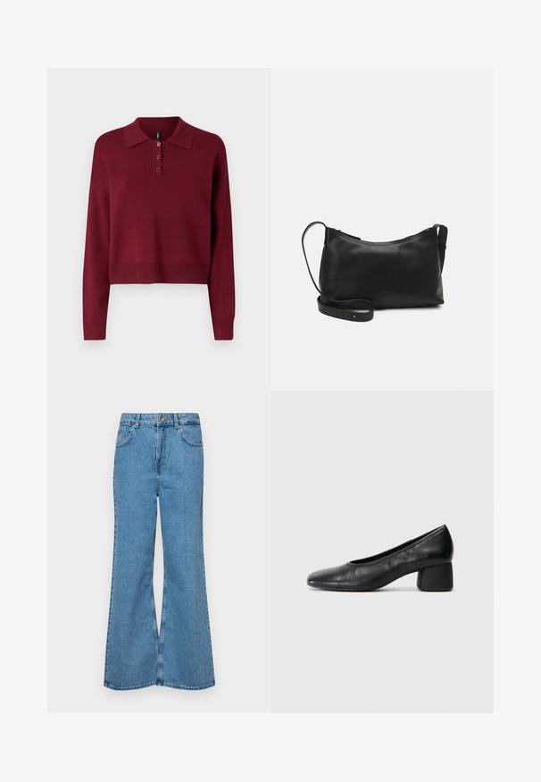Maglione polo a maniche lunghe color bordeaux, con collo classico, patta con tre bottoni e orlo cropped con dettagli a coste. Texture di maglia morbida.; Jeans svasati di un blu chiaro, realizzati in denim, con vita alta, cinque tasche e chiusura a un bottone. Morbido al tatto con una finitura scolorita.; Pantofole nere in pelle con punta arrotondata e tacco medio a blocco. Texture liscia con dettagli minimi, caratterizzata da un'apertura elastica sottile.; Borsa a spalla in pelle nera con una texture liscia, forma curva, tracolla regolabile e chiusura con zip. Design minimalista senza ornamenti.