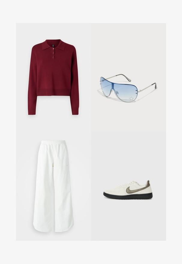Bordeauxfarbener Langarm-Polo-Sweater mit klassischem Kragen, drei-Knopf-Leiste und einem cropped Saum mit Rippdetails. Weiche Stricktextur.; Weiße, weit geschnittene Sporthose mit einem gerippten Bund und dezentem Logo-Detail. Glattes Material mit lockerer Passform und schmal zulaufendem Saum.; Nike Sportswear FIELD GENERAL - Sneaker low - off-white/black; Flugzeugbrille mit einem verlaufenden blauen Glase, silbernem Metallrahmen und dekorativen Sternelementen auf dem Glas. Glattes und elegantes Design.