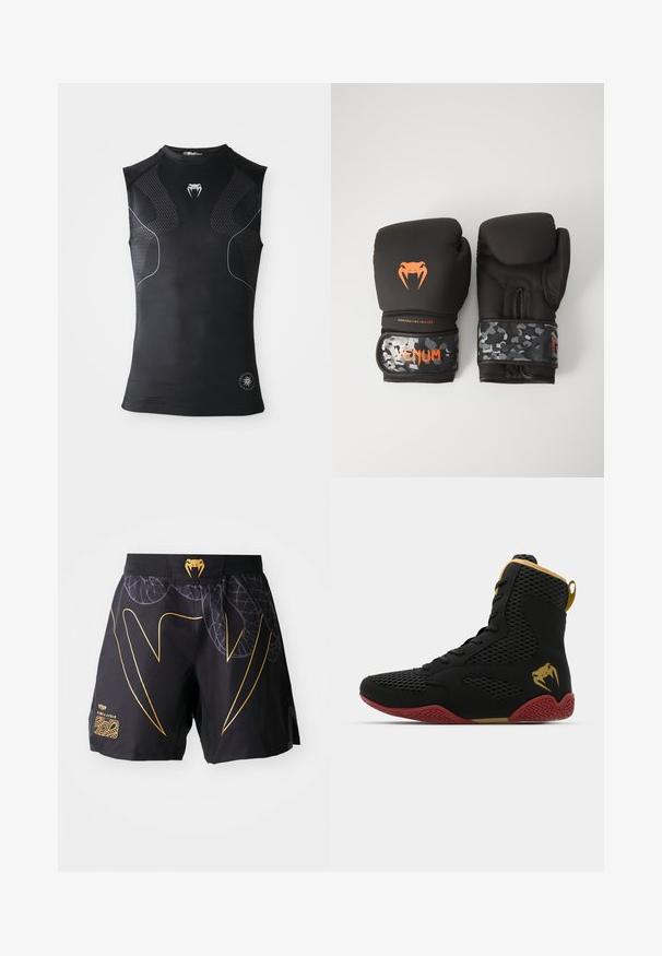 Sleeveless black athletic compression shirt with subtle patterned panels, small white snake logo on chest, and circular emblem near hem.; Black athletic shorts with gold snake fang design, leaf patterns, and a gold snake head logo on the waistband against a white background.; High-top athletic shoe with black mesh and synthetic material, textured accents, red rubber sole, and gold detailing on the ankle.; Black boxing gloves with a matte finish and ergonomic design. Orange logo detailing and camouflage-patterned wrist straps.