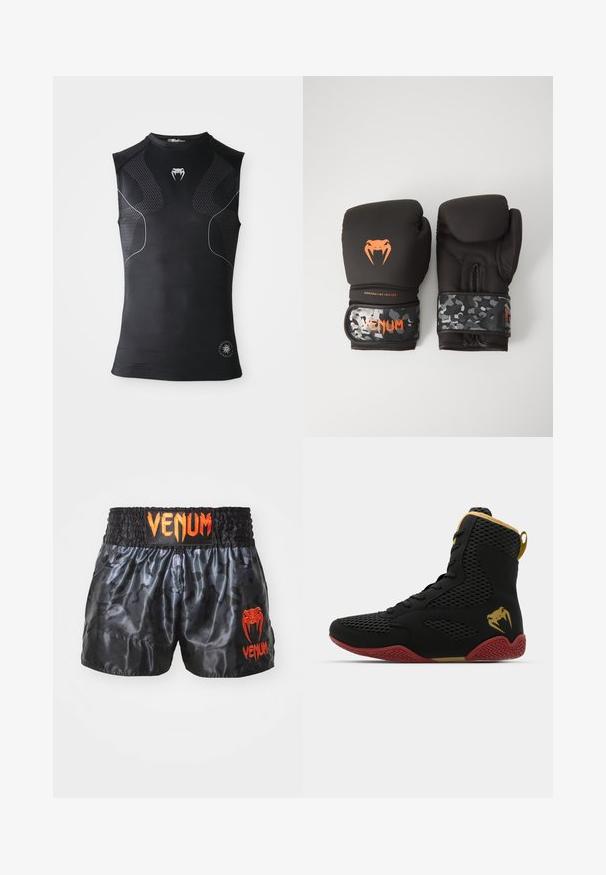 Canottiera nera sportiva senza maniche in tessuto compressivo, con pannelli a motivi discreti, piccolo logo di serpente bianco sul petto e simbolo circolare vicino all'orlo.; Pantaloni da boxe in satin nero con un motivo mimetico, dotati di una vita elastica e del brillante logo "VENUM" arancione sul davanti.; Scarpa sportiva alta in mesh nero e materiale sintetico, con dettagli testurizzati, suola in gomma rossa e rifiniture dorate sulla caviglia.; Guanti da boxe neri con finitura opaca e design ergonomico. Dettagli del logo arancione e cinturini per il polso a motivo camouflage.
