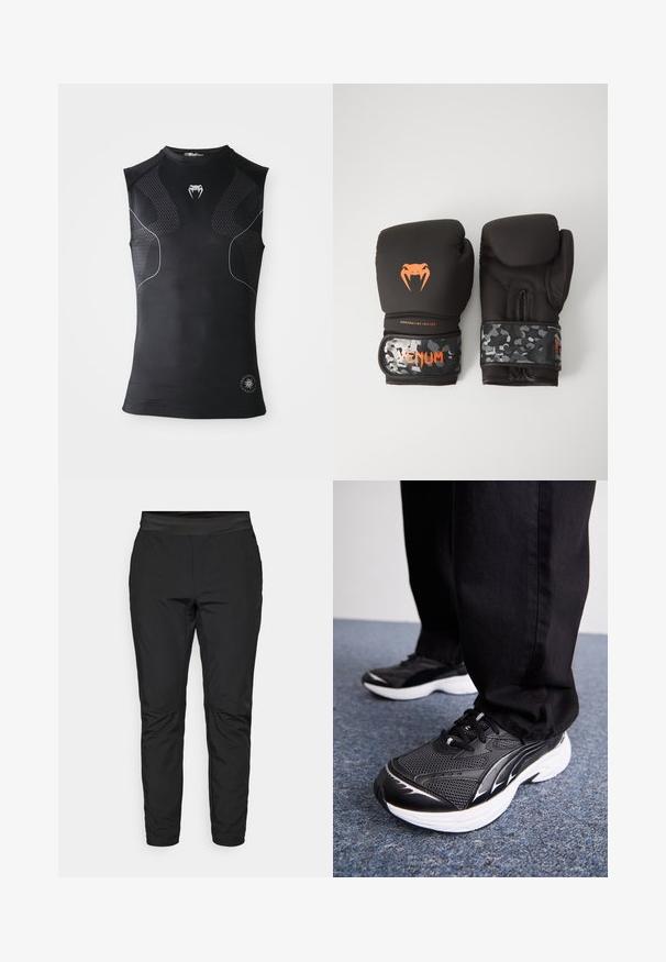 Melnā bezpiedurkņu sporta kompresijas krekls ar diskrētām rakstainām paneļiem, neliels balts čūskas logo uz krūtīm un apļveida emblema tuvumā apakšmalai.; Melni stiepļu bikses ar pieguļošu dizainu, elastīgu jostasvietu un ar rāvējslēdzējiem aprīkotiem kabatām. Gluda tekstūra ar nedaudz spīdīgu apdari.; Melnas sporta kurpes ar sieta audumu, baltu zoli un melnām akcentiem. Zole ir teksturēta. Valkātas ar melnām biksēm uz zilas paklāja virsmas.; Melni boksa cimdi ar matētu apdari un ergonomisku dizainu. Oranža logo detaļa un maskēšanās raksta plaukstas siksnas.