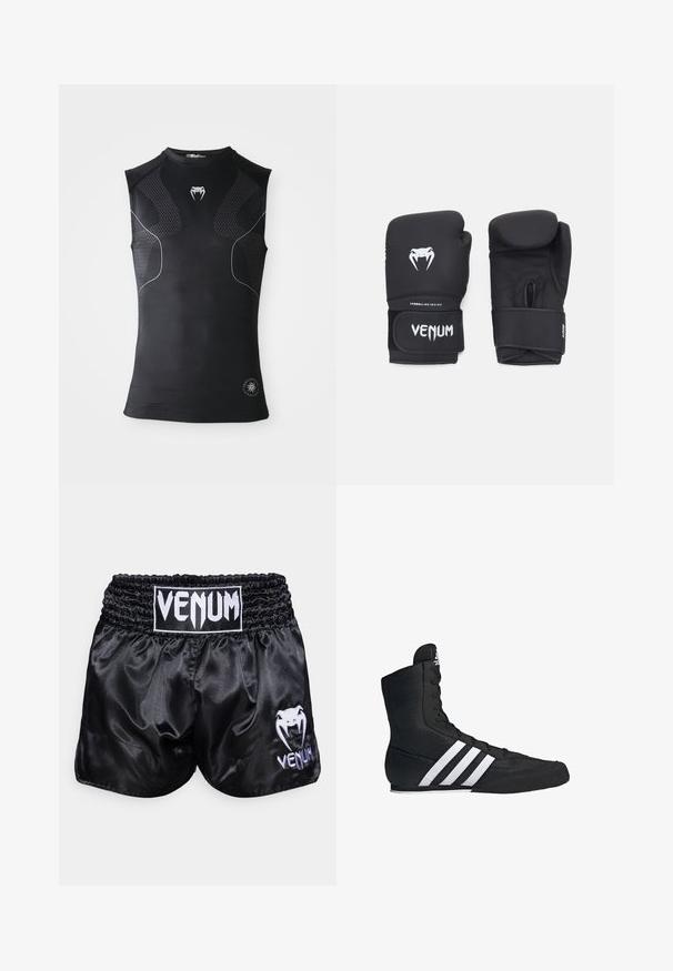 Ärmelloses schwarzes sportliches Kompressionsshirt mit dezenten gemusterten Einsätzen, kleinem weißen Schlangenlogo auf der Brust und kreisförmigem Emblem nahe dem Saum.; Schwarze Satin-Boxershorts mit elastischem Bund; mit einem weißen Logo und einem Schlangendesign auf dem linken Bein. Glatte Textur.; Schwarzer High-Top-Sportschuh mit einem strukturierten Stoffobermaterial, das drei weiße Streifen und ein geschnürtes Vorderdesign aufweist. Flache Gummisohle am Boden.; Schwarze Boxhandschuhe mit glatter Oberfläche, ausgestattet mit einem weißen Venom-Logo und einem verstellbaren Klettverschluss für einen sicheren Sitz.