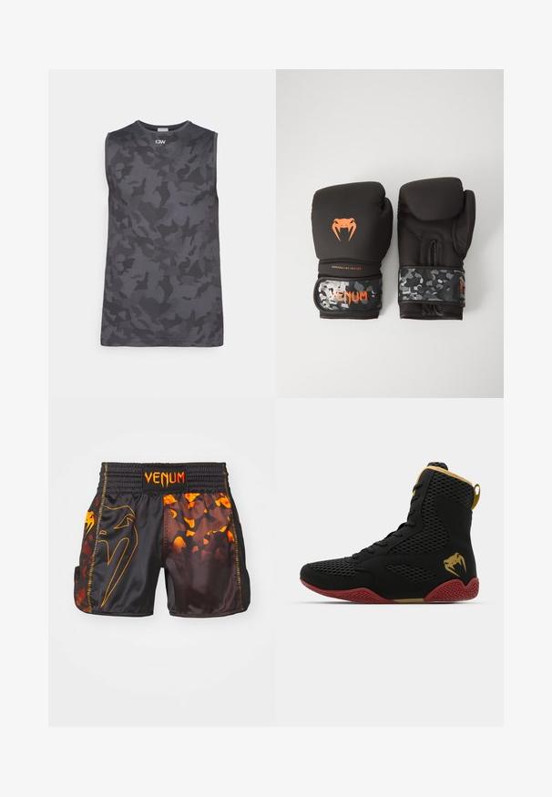 Ujjatlan, sötétszürke tank top, amelynek felületén álcázó minta található. Simaságérzetű anyagból készült, kerek nyakú, a közepén egy diszkrét logóval.; Fekete és narancssárga Venum short, fényes bevonattal, kontrasztos terepmintával és logóval díszített elasztikus derékpánttal.; Felső sportcipő fekete hálós és szintetikus anyagból, texturált díszítésekkel, piros gumitalppal és arany részletekkel a bokán.; Fekete bokszkesztyűk matt felülettel és ergonómikus kialakítással. Narancssárga logó részletek és álcázó mintázatú csuklóhevederek.