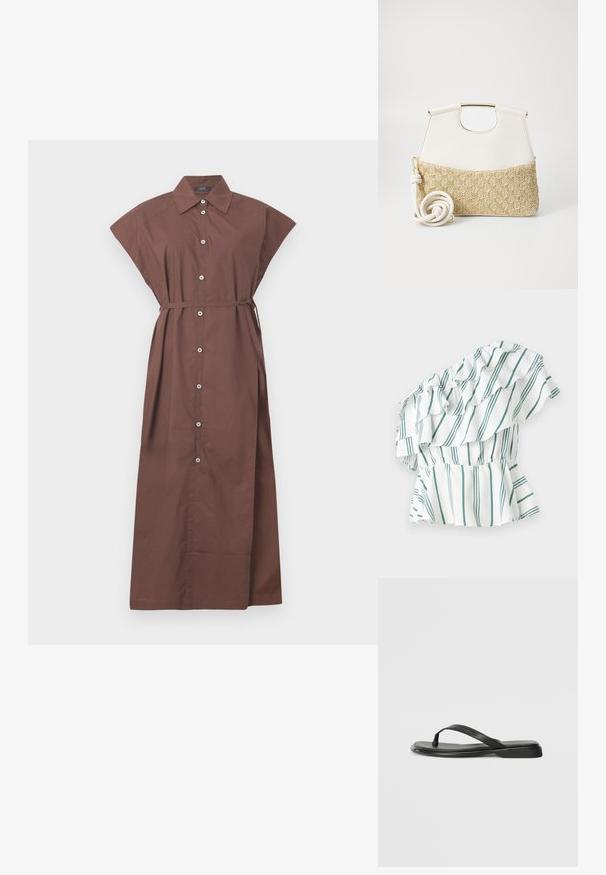 Fehér, zöld csíkos, egyvállas felső, fodros részletekkel és rendhagyó derékrésszel, peplum hatással. Puha anyag.; Barna gombos ruha, galléros nyakkal, rövid ujjakkal, deréknál megkötős övvel és hosszú, lebegő fazonnal. Sima pamut anyag.; Fekete papucs sima bőrből, vékony pántkel és lapos talppal rendelkezik, minimális profilú. Nincsenek kiemelkedő minták vagy díszítések.; Fehér bőr kézitáska texturált krémszínű, szőtt anyagú aljjal. Aranyszínű fogantyúval és tekert fehér pánttal rendelkezik a sokoldalúság érdekében.