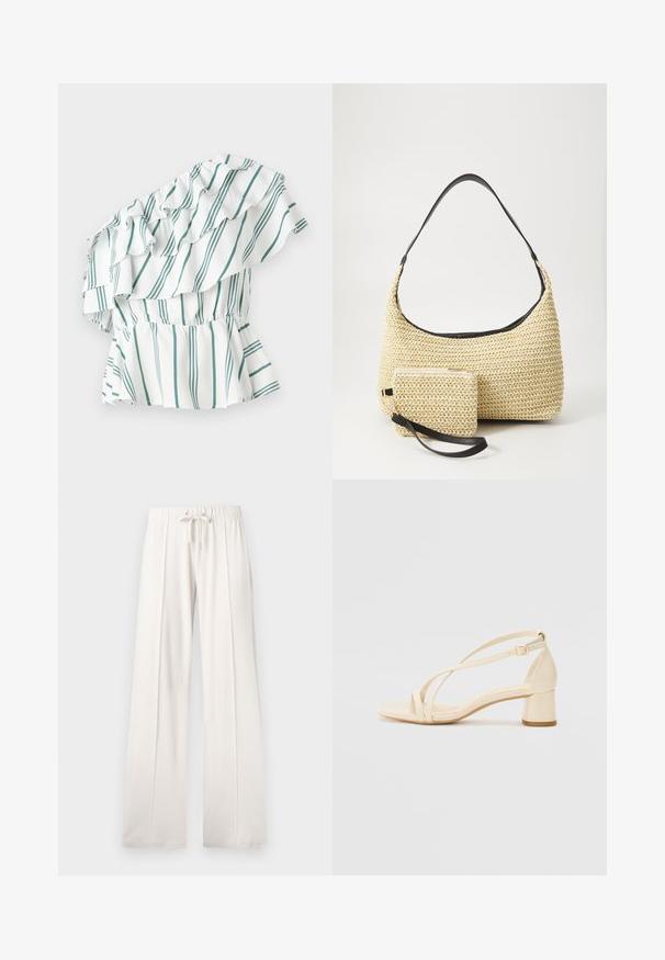Ein trägerloses Oberteil in Weiß mit grünen Streifen, das über Rüschendetails und eine geraffte Taille für einen Peplum-Effekt verfügt. Weicher Stoff.; Hellbeige Sweatpants aus weichem Stoff, mit einem Kordelzugbund, weitem Bein und vertikalen Nähten, mit einer glatten Textur.; Beige Sandalen mit Absatz, Blockabsatz, Riemchen-Design und verstellbarem Knöchelriemen, aus glattem synthetischem Material mit matter Oberfläche.; Geflochtene Strohtasche mit geschwungener Silhouette, ausgestattet mit einem glatten schwarzen Ledergriff und einem passenden kleinen Beutel, der mit einem Handgelenkriemen befestigt ist.