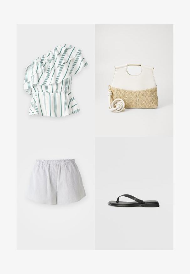 Biely top na jedno rameno s zelenými prúžkami, s volánikmi a zberaným pásom pre peplum efekt. Mäkká tkanina.; Prúhované kraťasy v svetlomodrej a bielej farbe vyrobené z bavlny, s elastickým pásom a uvoľneným strihom, s bočnými otvormi pre jednoduchý pohyb.; Čierne šľapky vyrobené z hladkej kože, s tenkým pásikom a plochou podrážkou s minimalistickým profilom. Bez výrazných vzorov alebo akcentov.; Biely kožený kabelka so štruktúrovaným krémovým tkaným dnom. Obsahuje zlatý úchyt a vinutý biely popruh pre univerzálnosť.; Pilgrim UNFOLD - Náhrdelník - silver-coloured