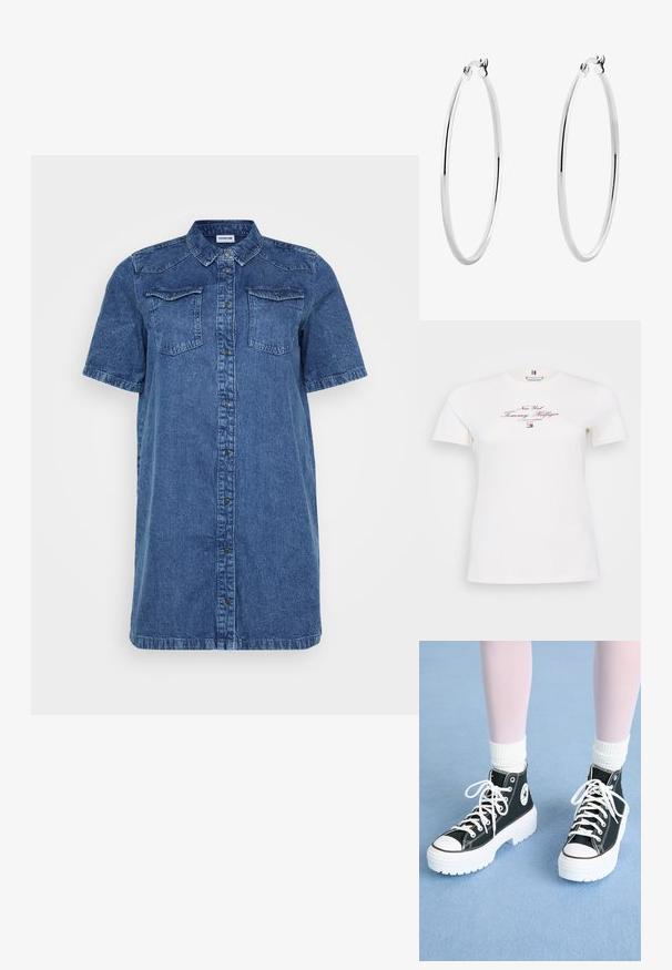 Short-sleeve cream t-shirt made of cotton, featuring maroon printed text "New York Tommy Hilfiger" and a small logo at the hem.; Denim shirt dress in dark blue, featuring short sleeves, two chest pockets, a button-down front, and a straight cut.; Black high-top sneakers with white soles and laces, featuring a circular logo on the side and contrasting black stitching. Textured fabric upper.; Silver hoop earrings with a smooth, polished surface and a thin, circular shape. The design features a secure clasp.