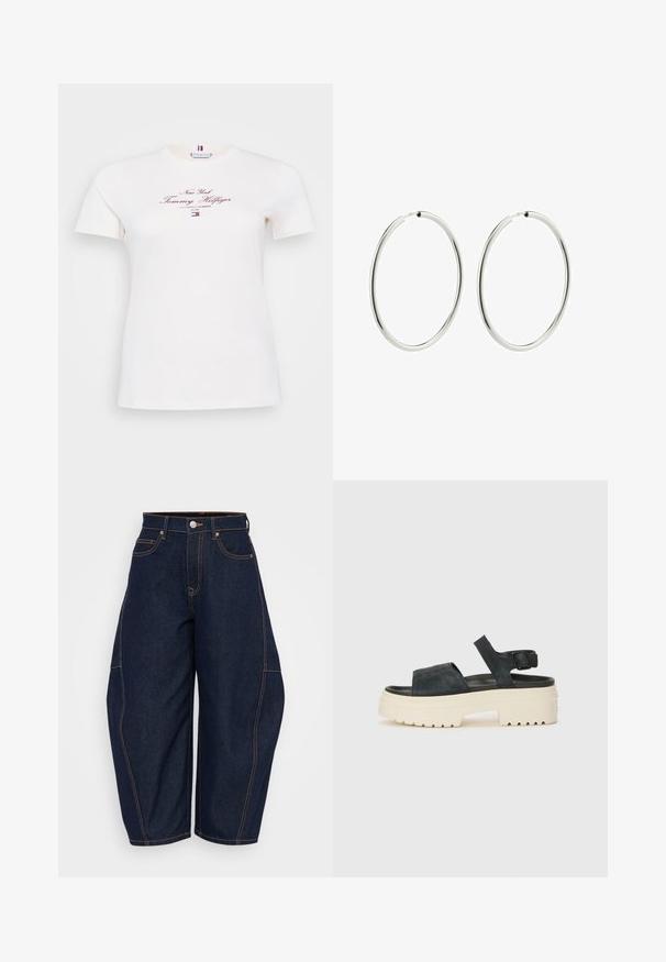 T-shirt a maniche corte di colore crema in cotone, con stampa in bordo bordeaux "New York Tommy Hilfiger" e un piccolo logo sull'orlo.; Jeans a gamba larga in denim blu scuro con vita alta, cuciture arancioni a contrasto e tasche frontali. Presentano una chiusura con bottone e passanti per la cintura.; Sandali platform in suede neri con una robusta suola bianca, ampia fascia frontale e fibbia regolabile alla caviglia. Suola testurizzata per una migliore aderenza.; Orecchini a cerchio in argento con una finitura liscia e lucida. Forma circolare, larghezza costante, progettati per un facile fissaggio. Semplici ed eleganti.
