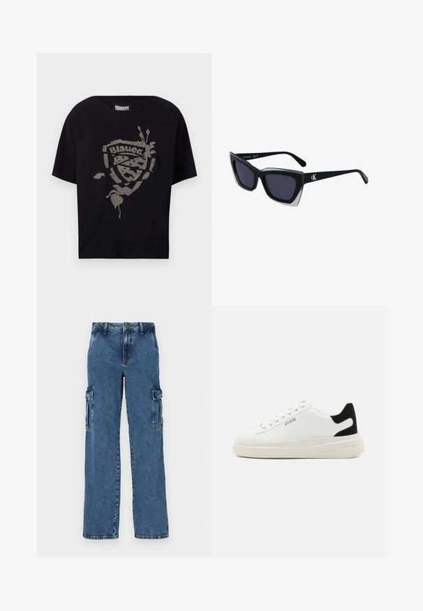 Černé tričko s krátkým rukávem s designem zdobeným rhinestony, který obsahuje slovo "Blauer" a květinové akcenty. Měkký bavlněný materiál.; Modré denimové cargo kalhoty s uvolněným střihem, které mají dvě boční kapsy, zesílené švy a rovný střih nohavic.; Bílé kožené tenisky s tlustou bílou podrážkou, černým semišovým akcentem na patě a vyraženým logem na boku. Šněrovací design se šesti očka.; Černé oversized sluneční brýle geometrického tvaru, s tmavými skly a kontrastním šedým detailem na rámu. Logo na rameni.