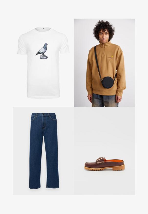 Balta medvilnės marškinėliai, kuriuose pavaizduota balandžio grafika, stovinčio ant sportinių batelių poros, su išsamiai nupiešta spalvų gama ir šešėliavimu.; Tamsiai mėlynos tiesaus žandikaulio džinsai su priekinėmis kišenėmis ir mygtuko uždarymu, rodantys ant paprasto balto fono.; Ruda odinė suknelė su apvalia nosimi, tekstūruota siūlės detalė, aukso metalinės akys ir šviesiai ruda, raityta padas. Viduje vyrauja ryškiai oranžinė spalva.; Rudas ketvirčio užtrauktuko vilnos švarkas su siuvinėtu logotipu, derinamas su juodu apvaliu per petį nešiojamu krepšiu su užtrauktuku ir logotipo detale, dėvimas virš džinsų.