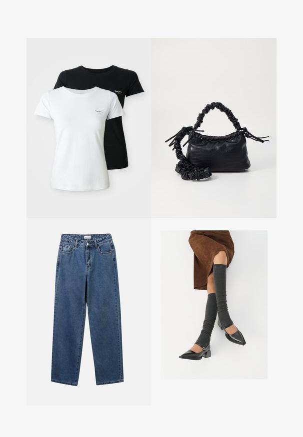 To kortermede t-skjorter med rund hals, en hvit og en svart, hver med et lite brodert logo på venstre bryst.; Klassiske blå denimjeans med rett ben-design, fem lommer og knappelukking. Har en middels vask og solid tekstur.; Sorte lakkpumps med spiss tå, blokkhel, og ankelstropp, kombinert med grå ribbestrikkede beinvarmere og et brunt semsket skinn skjørt.; Svart faux skinn-håndveske med krokodilletekstur, strammet topp og en rynket stropp. Ser myk og kompakt ut i designen.