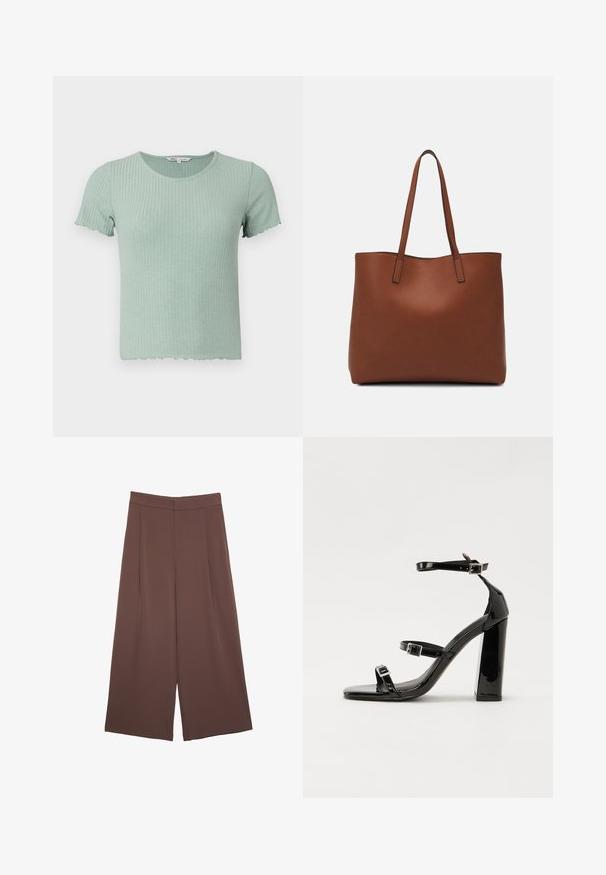 Light green ribbed cotton t-shirt with short sleeves and a scalloped hem. Features a round neckline and soft texture.; Brown wide-leg trousers with a smooth texture, featuring a high waist and front pleats. The fabric is lightweight and flows loosely.; Black patent heeled sandals with a square toe, ankle straps, and silver buckles. Features a chunky block heel for stability.; Brown leather tote bag with a smooth texture, open top design, and two shoulder straps. Features minimal stitching and no visible hardware.