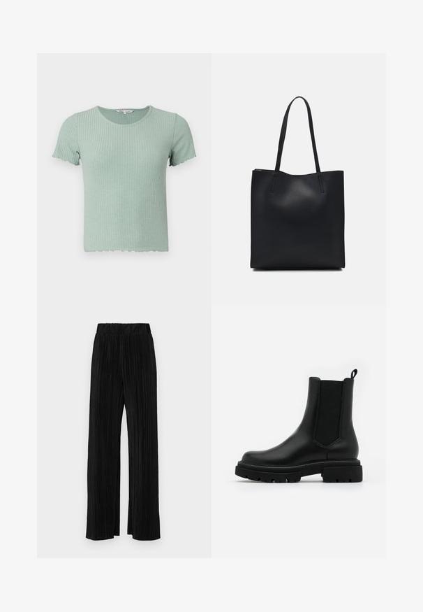 Hellgrünes, geripptes Baumwoll-T-Shirt mit kurzen Ärmeln und einem gewellten Saum. Es hat einen runden Ausschnitt und eine weiche Textur.; Schwarze plissierte Hose mit elastischem Bund. Verfügt über weite Hosenbeine und einen glatten, strukturierten Stoff mit vertikalen Streifen.; Schwarze Chelsea-Boots aus Leder haben eine glatte Oberfläche, elastische seitliche Einsätze, eine Zuglasche und eine chunky Gummisohle mit strukturiertem Profil.; Schwarze Laptoptasche aus Leder mit glatter Textur, rechteckiger Form und zwei langen Griffen. Keine sichtbaren Beschläge oder Verzierungen.