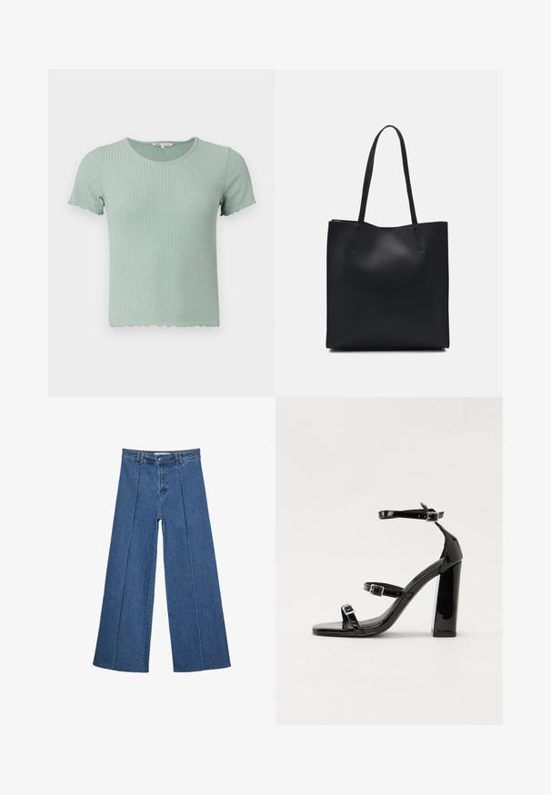 Light green ribbed cotton t-shirt with short sleeves and a scalloped hem. Features a round neckline and soft texture.; Wide-leg denim jeans in medium blue, featuring a high waist, button closure, and contrasting vertical seam details along the front.; Black patent high-heeled sandals with two buckle straps, square toe, and a chunky block heel, featuring a smooth, glossy texture.; Black leather tote bag with smooth texture, rectangular shape, and two long handles. No visible hardware or embellishments.