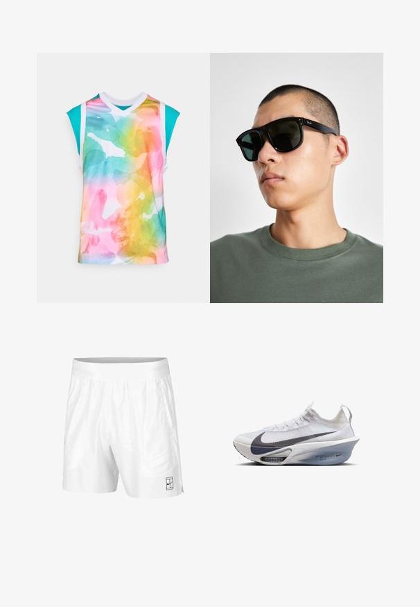 Ujjatlan sportpóló, amely élénk, több színű akvarell mintával rendelkezik, fehér V-kivágással és türkiz kiegészítőkkel. Légáteresztő anyagból készült.; Fehér atlétikai rövidnadrág, könnyű anyagból, rugalmas derékkal, két oldalsó zsebbel és egy kis fekete logóval az alján.; Nike futócipő fehér textilből, szürke swoosh-sal, áramvonalas formával, átlátszó középtalppal és látható légpárnázással.; Fekete, téglalap alakú napszemüveg sötét lencsékkel, jellegzetes formával és márkajelzéssel a szárán. Zöld inget viselő személynél.