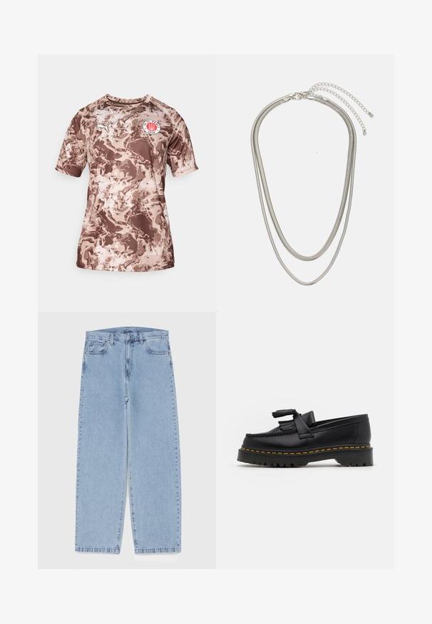 Brunnet kamuflert kortermet t-skjorte laget av lett stoff, med rund hals og et logo-patch på brystet.; Lyseblå denimjeans med rett ben-design, med mid-rise liv, fem lommer og knap og lynlås lukning.; Svart skinn loafers med en kvastdetalj, med en tjock svart sula och gul sömnad längs kanten. Texturerad yta.; Tre-lags sølvmetallkjede med elegante, fleksible kjeder med en svak glans, sikret med en krabbe-lås og justerbar kjede.