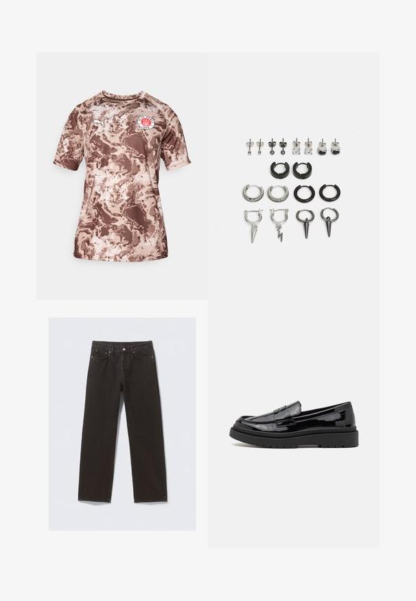 Bruine camouflage korte mouwen t-shirt van lichtgewicht stof, met een ronde halslijn en een logo patch op de borst.; Zwarte spijkerbroek van denim met een recht model, vijf zakken en koperkleurige stiksels. Glad textuur, klassieke knoopsluiting bij de taille.; Zwarte gepatineerde leren loafers met een ronde neus, een decoratieve band en een dikke zwarte rubberen zool. Glad glanzend oppervlak met minimale stiksels.; Set van oorbellen met verschillende stijlen: zilveren en zwarte hoepels, studs en oorhangers, met texturen en details zoals spikes en patronen.