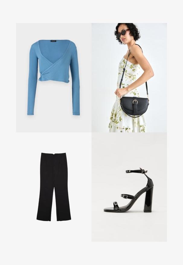 Vaaleansininen lyhennetty pitkähiha toppi, jossa on v-pääntie ja kietaisusuunnittelu, valmistettu ribbikankaasta. Sisältää rypytetyn yksityisk ohdan vyötäröllä.; Mustat housut suoralinjaisella leikkauksella, joissa on etutaskut ja sivurei'ät helman alla. Valmistettu pehmeästä ja sileästä kankaasta. Sopii eri tilaisuuksiin.; Musta kiiltävä korkokenkä sandaalit neliönmuotoisella varpaalla, nilkkaremmillä ja hopeisilla soljilla. Varustettu tukevalla lohkokorkealla vakauden takaamiseksi.; Musta nahkainen käsilaukku, joka on kaareva muotoilultaan, irrotettavalla hihnalla ja kultaisilla yksityiskohdilla. Laukussa on läppä, jossa on solk yksityiskohta.