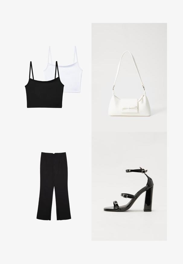 Dwa wycięte topy na ramiączkach: jeden czarny i jeden biały. Wykonane z gładkiego materiału, z cienkimi ramiączkami i prostym, dopasowanym krojem.; Czarne spodnie o prostym kroju, z przednimi kieszeniami i bocznymi rozcięciami na dole. Wykonane z miękkiego, gładkiego materiału. Odpowiednie na różne okazje.; Czarne lakierowane sandały na obcasie z kwadratowym noskiem, z paskami wokół kostki i srebrnymi klamrami. Posiadają masywny słupek dla stabilności.; Biała syntetyczna torba o trójkątnym kształcie, płaskim przednim klapce i detalach w postaci kokardy, regulowanym pasku, gładkiej fakturze oraz minimalistycznym designie.