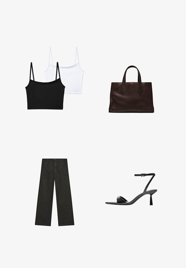 To cropped tank tops: en sort og en hvid. Lavet af glat stof, med tynde stropper og et enkelt, tætsiddende design.; Videbenede sorte denim bukser med en mid-rise talje, to forlommer og et rent, minimalistisk design uden synlige dekorationer.; Bershka Højhælede sandaletter / Højhælede sandaler - black; Brun læder tote bag med to forlængede håndtag, struktureret rektangulær form, glat overflade og subtile syninger.