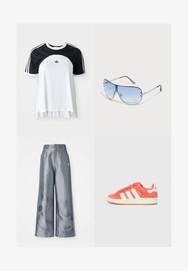 Trumpas rankovėmis marškinėliai su juoda viršutine dalimi ir balta kūno dalimi, turintys tris juostas ant pečių ir raukšlėtą apatinį kraštą. Adidas logotipas ant krūtinės.; Plačios kelnės iš blizgaus pilko medžiagos, su baltomis šoninėmis juostelėmis ir liepsnos raštu apatinėje dalyje. Mygtuko ir užtrauktuko uždarymas juosmens srityje.; Rožinės zomšinės sportbačiai su kreminėmis juostelėmis, apvaliais raišteliais ir tekstūruota liežuvėliu. Turi gumos gumos padą ir logotipą ant kulno.; Aviatoriai akiniai su gradientiniais mėlynais objektyvais, sidabriniu metaliniu rėmu ir dekoratyvinėmis žvaigždžių akcentais ant objektyvų. Lygaus ir stilingo dizaino.
