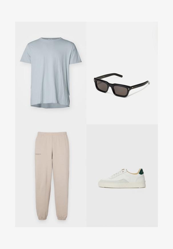 Filippa K ROLL NECK TEE - Paprasti marškinėliai - thunderstorm; Šviesiai rudos sportinės kelnės, pagamintos iš minkštos medžiagos, su elastinga juosmens juosta ir rankovėmis, ant kairės kojos esančiu mažu spaudu.; Baltos sportbačiai su zomšos akcentais, apvaliu nosiu, plokščiais raišteliais ir kreminės spalvos guminiu padu. Ant kulno yra žalia ženklinimo detalė.; Juodos stačiakampės akinių nuo saulės su tamsiais objektyvais, storu plastiko rėmu, auksinėmis detalėmis ant šventyklų ir prekės ženklo logotipu išgraviruotu ant šono.