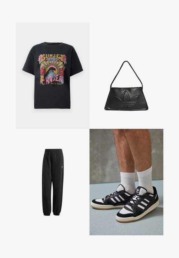 Zwart katoenen t-shirt met een kleurrijk grafisch ontwerp met bloemen, zonnestralen en de tekst "SUNSET ROXY CHASER Sinds 1990" prominent weergegeven.; Zwarte sweatpants van zacht, gestructureerd materiaal. Voorzien van een elastische tailleband, boorden en een klein wit logo nabij de heup.; Zwart-witte sneakers met een bovenwerk van suede en leer, voorzien van drie witte strepen, een geperforeerde neus en een rubberen gumzool.; Zwarte leren handtas met een trapeziumvorm, voorzien van een verhoogd Adidas logo ontwerp en een dunne schouderband. Ritsluiting aan de bovenkant.