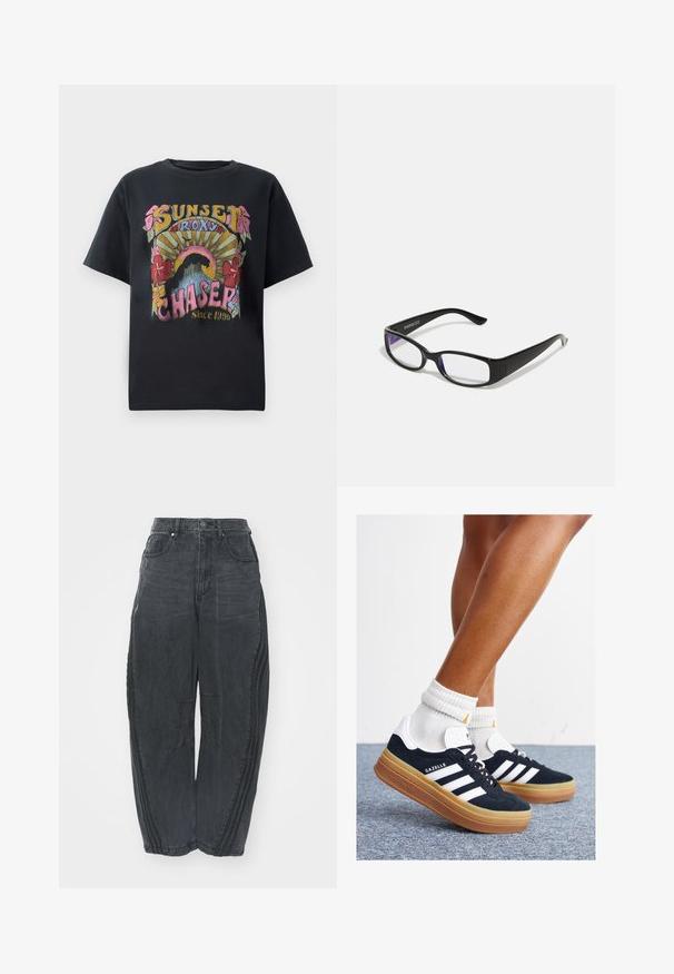 Schwarzes Baumwoll-T-Shirt mit einem bunten Graf design, das Blumen, Sonnenstrahlen und den Text "SUNSET ROXY CHASER Since 1990" deutlich zeigt.; Lockere schwarze Denim-Jeans mit einem verblassten Finish, fünf Taschen, einem Knopfverschluss an der Taille und gestickten Details an der Vorderseite und den Seiten.; Schwarze Wildledersneaker mit weißen Streifen und Akzenten, rundlicher Zehenbereich, Sohlen aus braunem Gummi, kombiniert mit weißen, gerippten Sneakersocken.; Schwarze rechteckige Brille mit klaren Gläsern. Glänzende Oberfläche, schmale Bügel und lila Tönung an den Rändern der Gläser sichtbar.