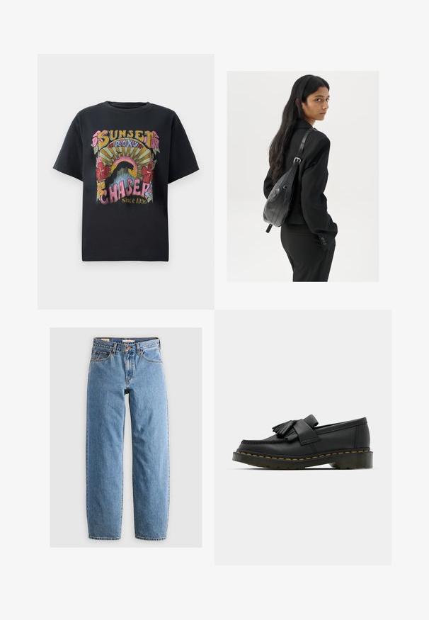T-shirt di cotone nero con un design grafico colorato featuring fiori, raggi di sole e la scritta "SUNSET ROXY CHASER Since 1990" ben in evidenza.; Jeans in denim azzurro chiaro con design a gamba dritta, cinque tasche, zip frontale e una leggera texture scolorita. Stile classico con hardware minimale.; Mocassini in pelle nera con punta arrotondata, dotati di un dettaglio frangiato e una fascia decorativa sulla parte anteriore, poggiati su un tacco spesso.; Donna con lunghi capelli scuri, vestita con un completo nero, che porta una borsa a tracolla in pelle nera, mentre guarda oltre la spalla su uno sfondo bianco.