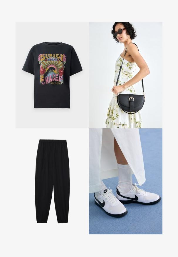 Zwart katoenen t-shirt met een kleurrijk grafisch ontwerp met bloemen, zonnestralen en de tekst "SUNSET ROXY CHASER Sinds 1990" prominent weergegeven.; Zwarte, lichte broek met een elastische tailleband en gathered enkels. De stof is glad en heeft een ontspannen, taps toelopend ontwerp.; Witte Nike sneakers met zwarte accenten, voorzien van een gladleren bovenwerk, witte veters en stevige rubberen zolen, gecombineerd met witte geribbelde sokken.; Zwarte leren handtas met een gebogen vorm, afneembare schouderband en gouden hardware. De tas heeft een klep met een gespsluiting.