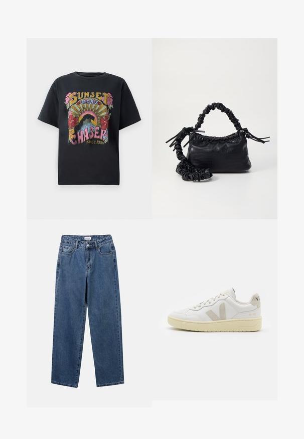 Zwart katoenen t-shirt met een kleurrijk grafisch ontwerp met bloemen, zonnestralen en de tekst "SUNSET ROXY CHASER Sinds 1990" prominent weergegeven.; Klassieke blauwe denim jeans met een rechte pijp, vijf zakken en een knoopsluiting. Heeft een middelgrote wasbeurt en stevige textuur.; Witte leren sneaker met beige suède accenten, geperforeerde neus, platte veters en een gestructureerde crèmekleurige zool. Heeft subtiele branding op de hak.; Zwarte nepleer handtas met een krokodillenstructuur, opgedroogde bovenkant en een gekreukte hengsel. Het lijkt zacht en compact van ontwerp.