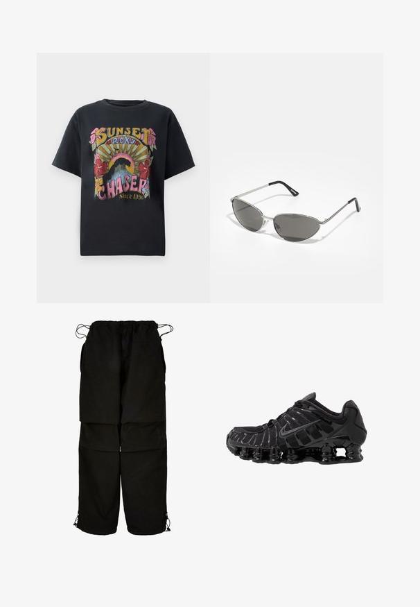 Schwarzes Baumwoll-T-Shirt mit einem bunten Graf design, das Blumen, Sonnenstrahlen und den Text "SUNSET ROXY CHASER Since 1990" deutlich zeigt.; Schwarze Hose aus leichtem Material, mit verstellbarem Bund und Kordelzug am Saum. Entworfen mit einer lockeren, oversized Passform und mehreren Taschen.; Schwarzer Sportschuh mit Mesh-Obermaterial und glänzenden Überzügen. Verfügt über eine geschwungene Spiraldämpfung und strukturierte Linien an der Seite. Nike-Logo sichtbar.; Sonnenbrille mit einem schlanken, silbernen Metallrahmen, grauen getönten Gläsern und einem aerodynamischen Design mit spitzen Kanten und dünnen Bügeln.