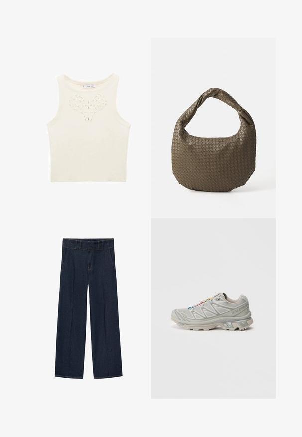 Top senza maniche color crema con un design a fori floreali al centro. Realizzato in un tessuto lavorato a maglia con una vestibilità aderente.; Pantaloni a gamba larga in denim blu scuro con vita alta, dotati di due tasche frontali e dettagli cuciti lungo le cuciture.; Scarpa da ginnastica grigia chiara con tomaia in rete testurizzata, dettagli riflettenti, suola con battistrada distintivo e lacci colorati. Presenta un design che offre supporto.; Borsa in oliva intrecciata con forma arrotondata e manico attorcigliato. La superficie testurizzata presenta un motivo diagonale. Chiusura con cerniera.