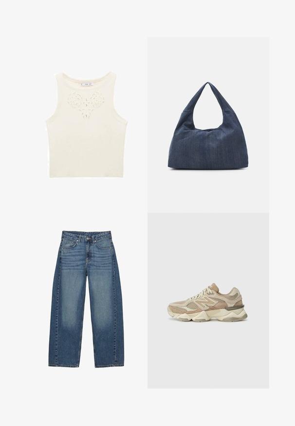 Kremowy top bez rękawów z kwiatowym wzorem wycięcia na środku. Wykonany z teksturowanej, dzianinowej tkaniny o dopasowanym kroju.; Szerokie niebieskie dżinsy wykonane z denimu, z klasycznym pięciopocketowym wzorem, w wyblakłym odcieniu i tonalnym przeszyciem.; Beżowe sportowe sneakersy wykonane z siateczki i zamszu, z okrągłym czubkiem, grubą podeszwą i wyraźnymi odblaskowymi akcentami po bokach.; Ciemnoniebieska torba dżinsowa o miękkim, luźnym kształcie, z uchwytem w stylu hobo i teksturowaną powierzchnią. Brak widocznych akcentów z metalu.