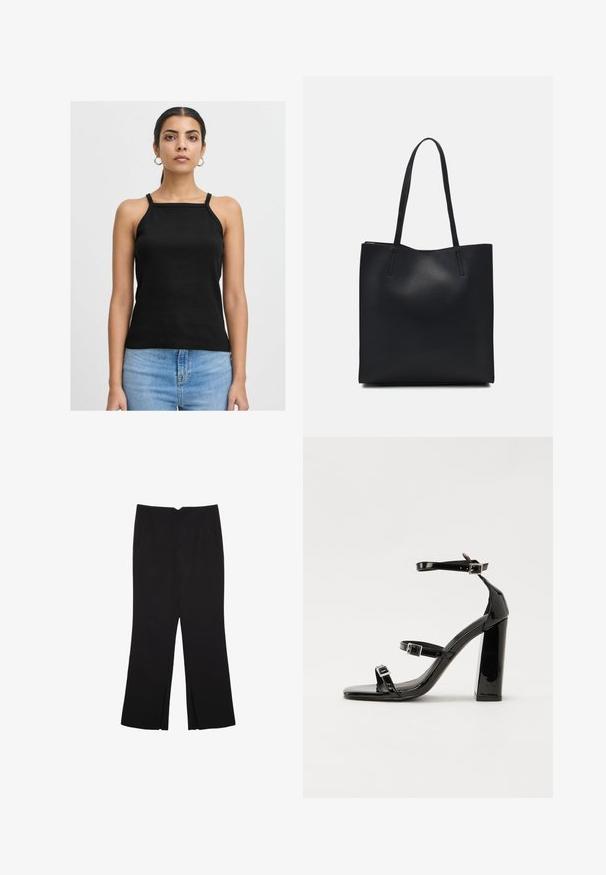 Sort ribbet tanktop med slanke stropper og firkantet udskæring, parret med lyseblå denim jeans. Enkel, tætsiddende design.; Sorte bukser med lige pasform, der har frontlommer og slidser i kanten. Lavet af blødt, glat stof. Velegnet til forskellige anledninger.; Sorte patenterede hælsandaler med firkantet tå, ankelremme og sølvspænder. Har en chunky blokHæl for stabilitet.; Sort læder tote taske med glat tekstur, rektangulær form og to lange hanke. Ingen synlig hardware eller udsmykninger.
