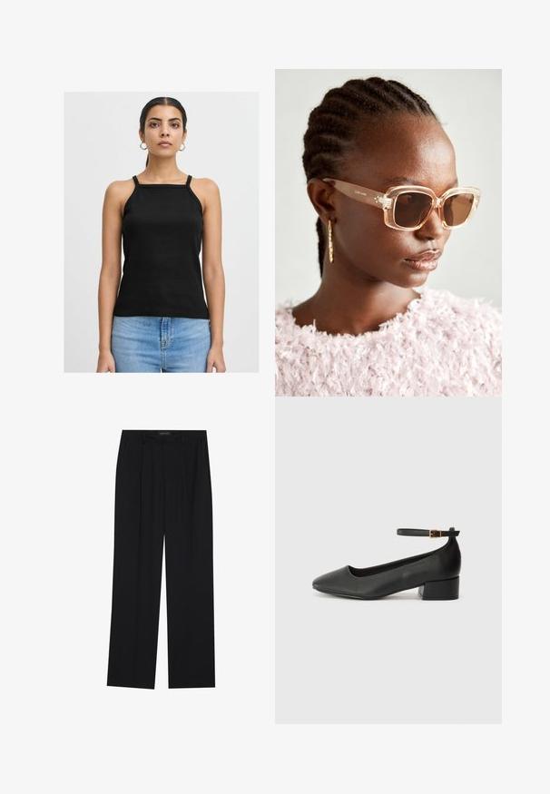 Top negru din bumbac cu dungi, cu bretele subțiri și decolteu pătrat, asortat cu blugi în nuanțe de albastru deschis. Design simplu și ajustat.; Pantaloni negri cu un design drept, dotati cu doua buzunare frontale si un talie. Fabricati dintr-un material usor si neted.; Pantof cu toc negru din piele, cu vârf ascuțit și toc mic pătrat. Dispune de o curea la gleznă cu o cataramă în tonuri de aur. Textură netedă.; Ochelari de soare bej supradimensionați cu rame transparente și lentile cu nuanță maronie, având accente florale subtile și un design geometric îndrăzneț.