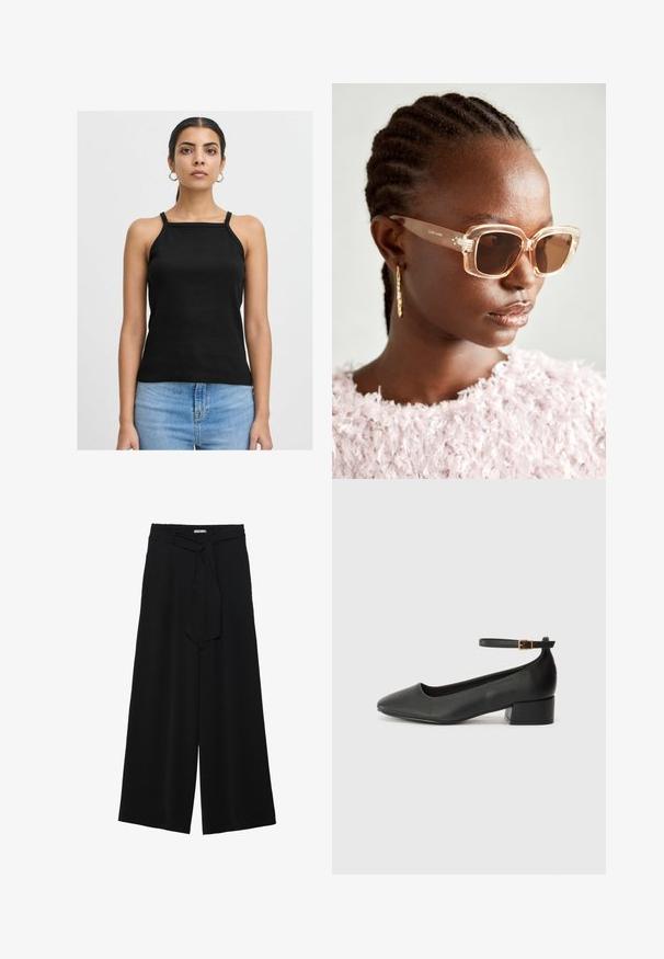 Crna rebrasta majica bez rukava s tankim naramenicama i kvadratnim izrezom, u kombinaciji s svijetloplavim trapericama. Jednostavan, prilagođen dizajn.; Crne široke hlače od teksturirane tkanine, s elastičnom pojasom i odvojivim remenom na struku za prilagodivo pristajanje.; Crne kožne pumpe s oštrim vrhom i niskom blok petom. Sadrže remen oko gležnja s zlatnim kopčanjem. Glatka tekstura.; Bež velike sunčane naočale s prozirnim okvirom i smeškim obojenim staklima, koje sadrže suptilne cvjetne akcenti i hrabri, geometrijski dizajn.