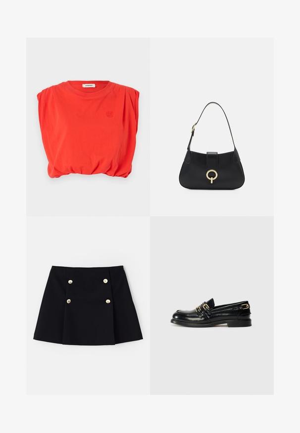 sandro Top - rouge; Černá mini sukně z pružného materiálu, se dvěma zlatými knoflíky vpředu, sklady a rovnými lemy.; Černé kožené mokasíny s lesklým povrchem, se dvěma zlatými přezkami a nízkým podpatkem. Hladká textura s kulatou špičkou.; Černá kožená kabelka s zakřiveným siluetou, krátkým popruhem, centrálním zlatým kováním a hladkým povrchem. Bez viditelných vzorů nebo akcentů.
