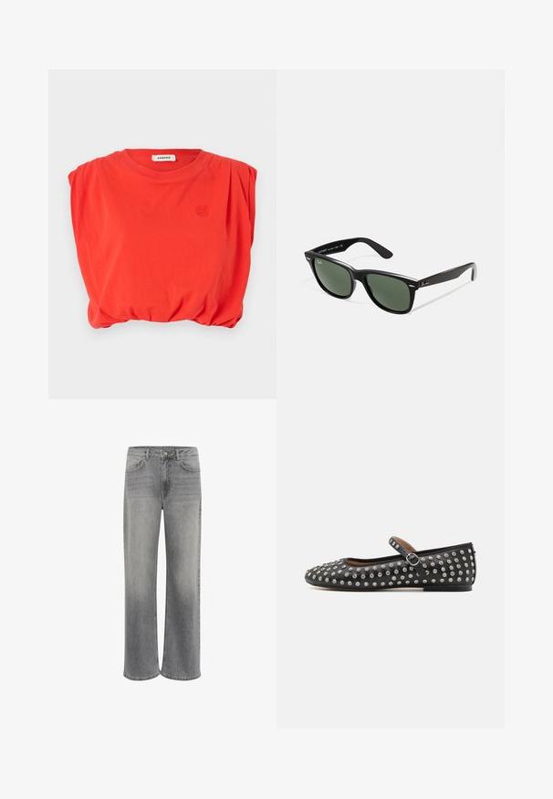 sandro Top - rouge; Široke jeans hlače v sivi denimu, z visokim pasom, petimi žepi, sprednjim gumbom in subtilnim zbledanjem na tkanini.; Črne usnjene balerinke s zaobljenim nosom, ki imajo trak in srebrne zakovice enakomerno razporejene po zgornji površini.; Črne plastične sončna očala z zelenimi lečami, kvadratni okvirji, srebrni detajl na obrvi in teksturirani ročaji. Blagovna znamka navedena na notranji strani ročaja.; Črna sintetična torbica s ukrivljeno obliko, srebrnim verižnim trakom, zadrgo in vgraviranim logotipom blagovne znamke na sprednji strani. Gladka tekstura.